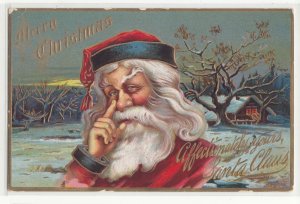 P3285 old postcard santa clause affectionately yours snow house trees