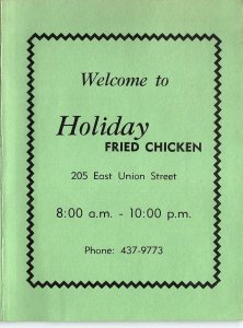 1960s MORGANTON NC HOLIDAY FRIED CHICKEN EAST UNION ST DAILY MENU Z3811