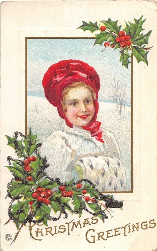 F89/ Merry Christmas Holiday Postcard c1910 Prettyu Girl Muff Holly 16