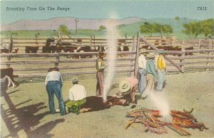 Cowboys Branding Cattle on the Range Linen Postcard