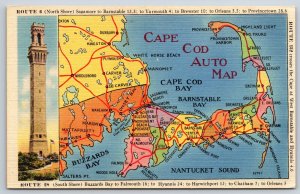 Massachusetts~Cape Cod Auto Map W/ Tower~Bourne~Eastham~Vintage Linen Postcard