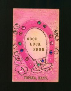 Postcard Good Luck From Topeka Kans. Kansas Horseshoe Glitter & Stones