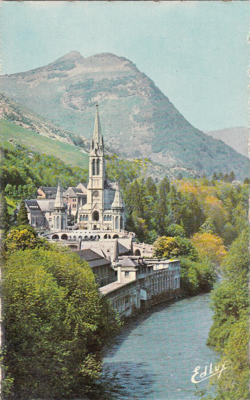 France Lourdes basilica and the gave semi-modern photo postcard