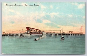 Galveston Texas~Causeway Panorama View~Bridge~Boats~Flag~Sunset~c1910 Postcard