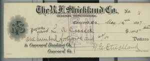 1907 R.F. Strickland Co. Concord Ga Check $145.60 Lewis A. Crossett A7