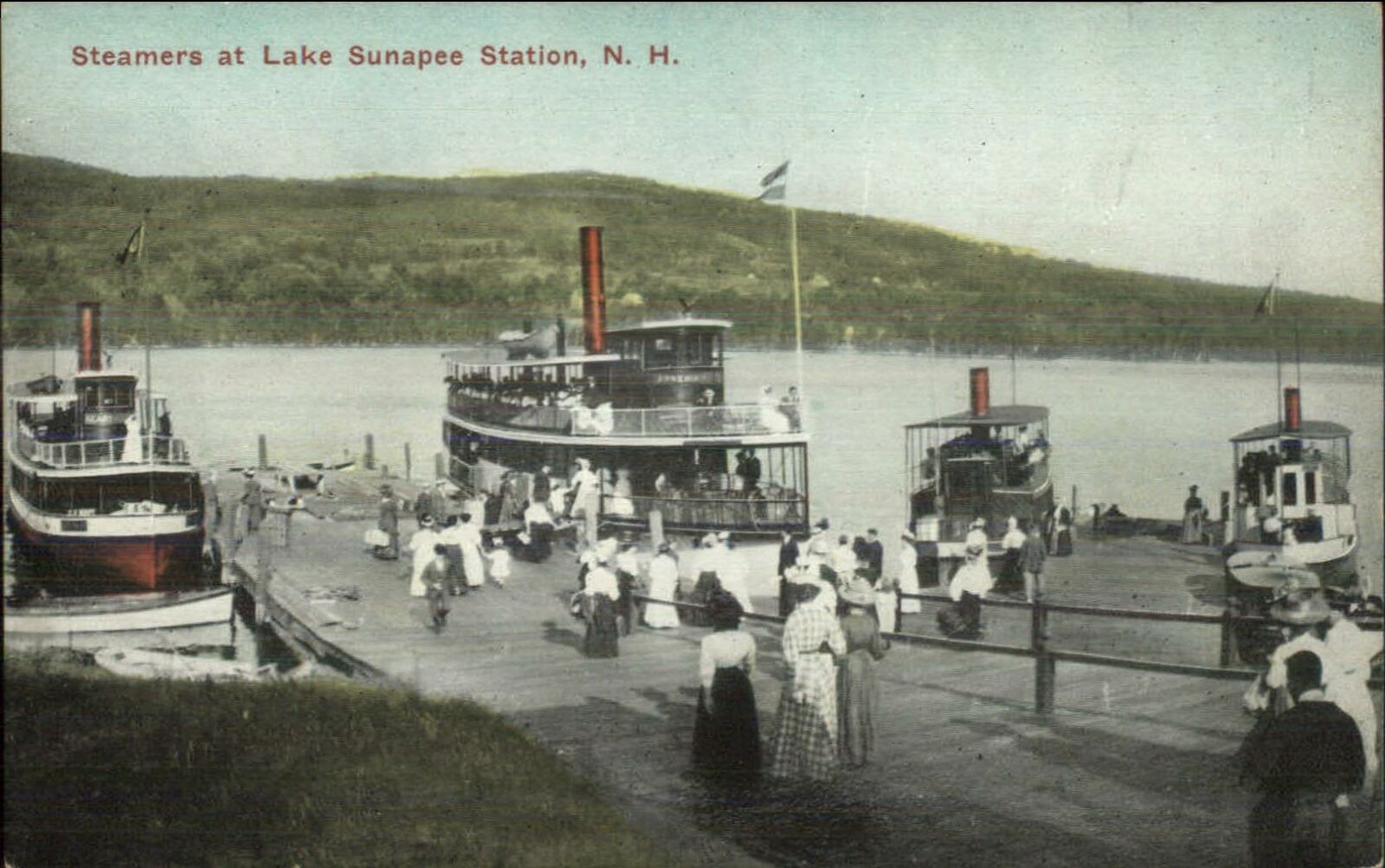 Lake Sunapee Station NH Steamer Boats at Docks c1910 Postcard United