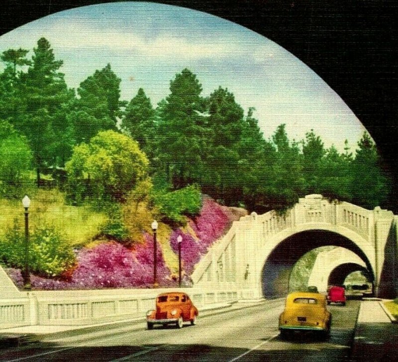 Vtg Linen Postcard Los Angeles California CA Figueroa Street Tunnels Cars Unused