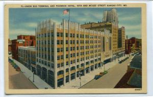 Union Bus Terminal Pickwick Hotel 19th & McGee Street Kansas City MO postcard