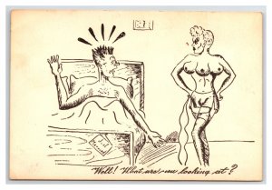 Risqué Comic Looking At Three Breasted Woman UNP Blanki Back Postcard U3