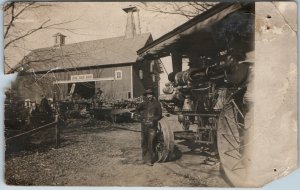1900s Farm RPPC Occupational Case Steam Tractor Threshing Agriculture Barn Photo