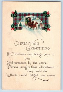Christmas Postcard Greetings Holly Berries Horse Carriage Scene On Winter 1921
