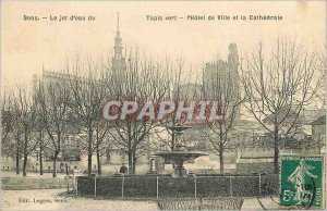Old Postcard Sens The Water Jet Green Carpet Hotel de Ville and Cathedrale