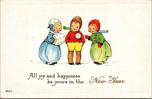 New Year Postcard Three Children Talking in the Snow Outside Wearing Clock Shirt