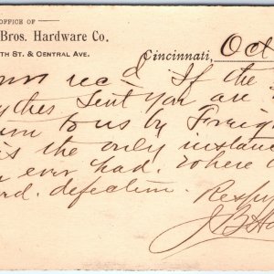 1891 Cincinnati, OH Johnson Bros Hardware Co Memo Letter Postcard Postal A70