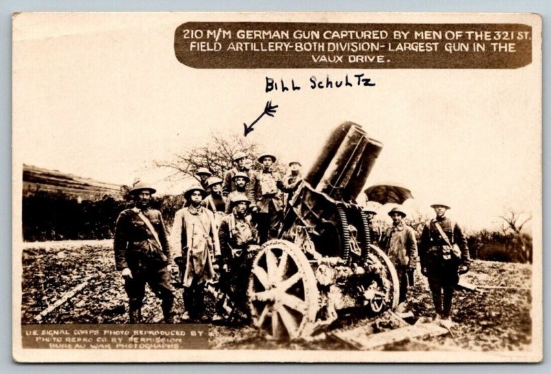 1918  RPPC US Army  321st Field Artillery  80th Division Captured Gun   Postcard