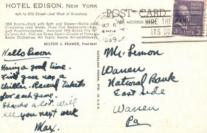 Vintage Postcard 1949 Hotel Edison Building Ballroom Dining Restaurant New York