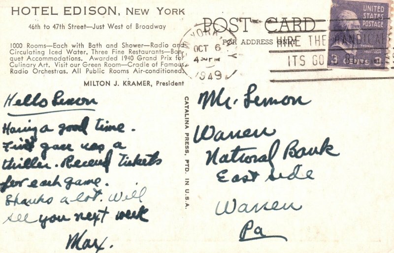 Vintage Postcard 1949 Hotel Edison Building Ballroom Dining Restaurant New York