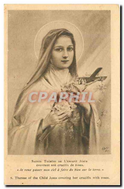 Postcard Old St. Therese of the Child Jesus covering his roses crucitix