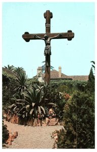 California Mission Garden w / Crucifix Jesus on Cross Christianity Postcard