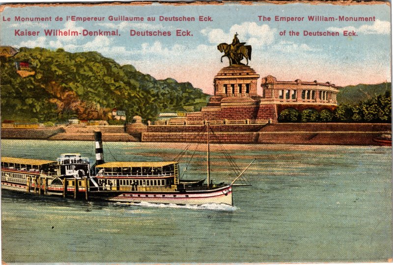 Postcard  Germany Koblenz Deutsches Eck promontory peror William monument