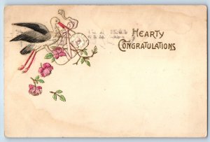 1908 Heart Congratulations Stork Baby Pink Flowers Ashland Ohio OH Postcard