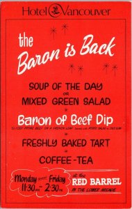 Hotel Vancouver British Columbia BC Red Barrel Restaurant Baron Back Postcard H3