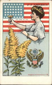 Patriotic Woman Toasting Glass American Flag Home of the Brave & Free Postcard