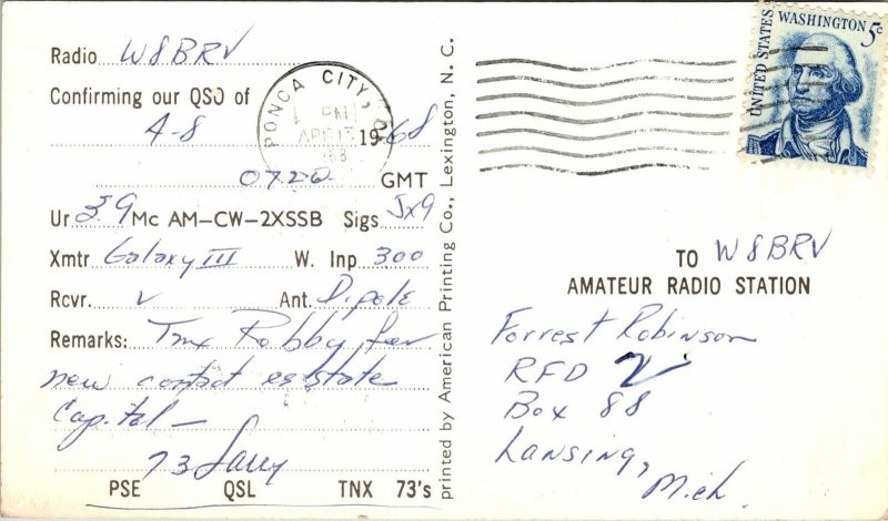 VINTAGE POSTCARD HAM RADIO CALLING CARD WA5RDD FROM PONKA CITY OKLAHOMA 1968