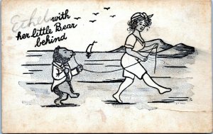 1908 Ethel with her Little Bear Behind Woman Walking Bear Comic Postcard IM