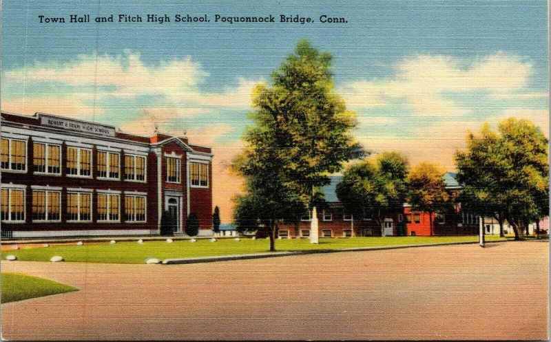 Vtg Poquonnock Bridge Connecticut CT Town Hall Fitch High School 1940s Postcard