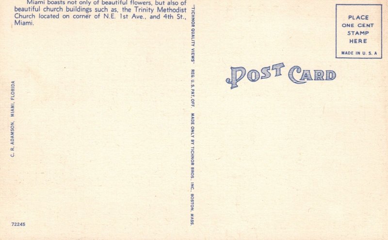 Vintage Postcard Trinity Methodist Church Building Parish Landmark Miami Florida