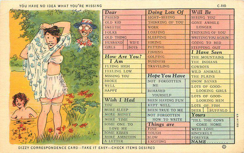 Check List 1930s Walters Skinny Dip Sexy Comic Humor Teich linen postcard 8411