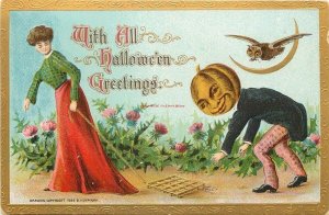 Halloween, Postcard Girl Leading Pumpkin Head Man, Gottschalk 2097