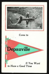 Depauville NY Banner with exaggerated fishing scene – 1913