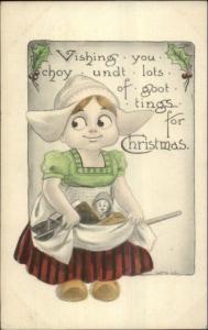 Bernhardt Wall Dutch Girl w/ Toys Hand Colored Christmas c1910 Postcard