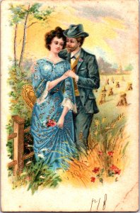 Romantic Couple In Blue Vintage Postcard 09.71