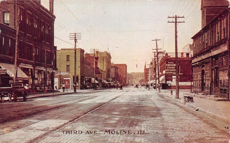 Moline Illinois~Third Avenue~People along Storeronts~Union Store~c1910 Postcard