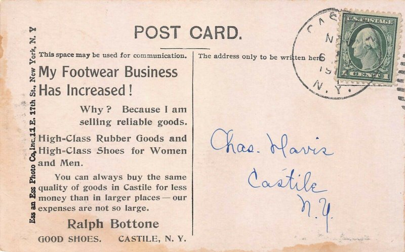 CASTILE NY~MAIN STREET-RALPH BOTTONE HIGH CLASS WOMEN & MEN SHOES~1917 POSTCARD  