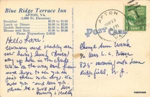 1930s AFTON VIRGINIA Blue Ridge Terrace Inn Rockfish Tichnor postcard 5191