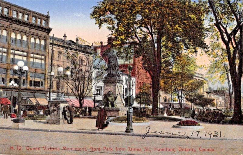 HAMILTON ONTARIO CANADA-QUEEN VICTORIA MONUMENT-GORE PARK-ST JAMES POSTCARD 1931