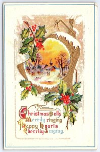 1912 Christmas Bells Merrily Ringing Snowy Houses Landscaped Posted Postcard