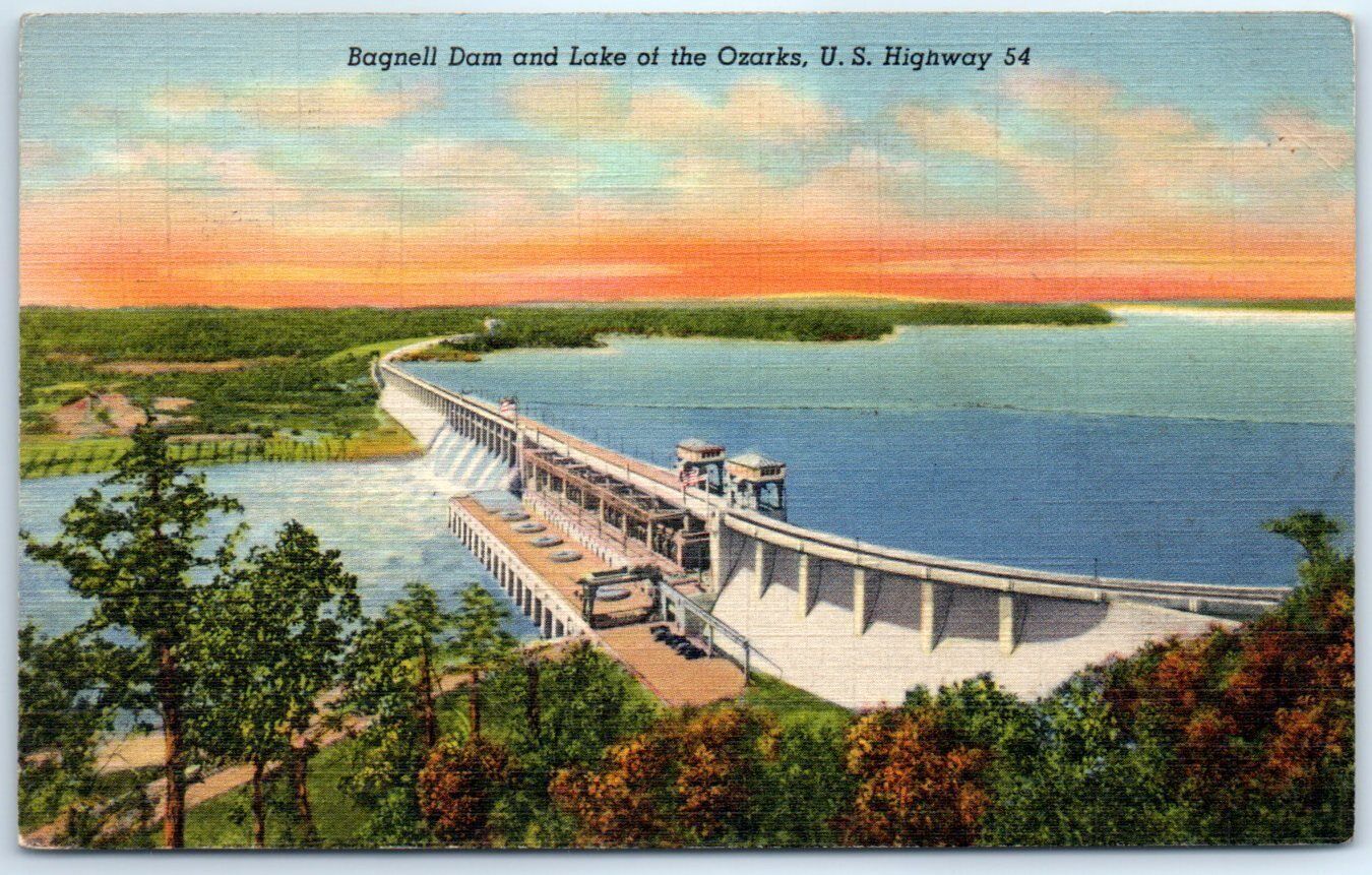 Postcard Bagnell Dam and Lake of the Ozarks, U.S. Highway 54