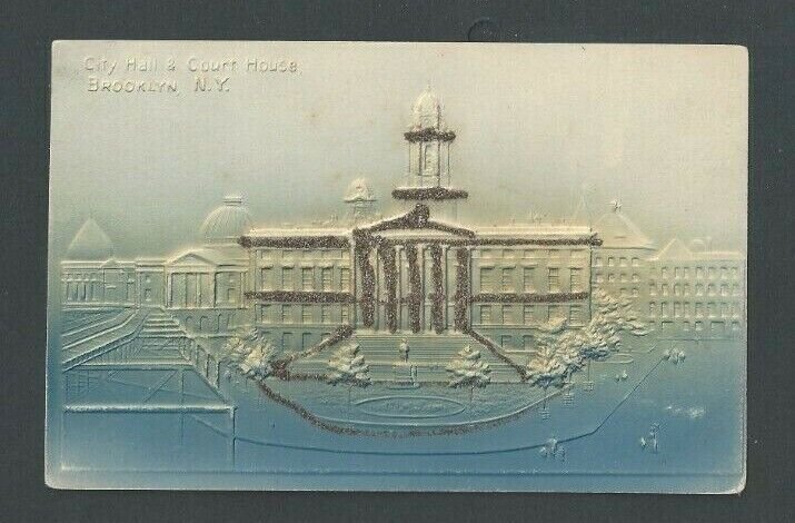 Ca 1904 Post Card NY Bklyn City Hall & Court House Blue & Gray W/Glitter---