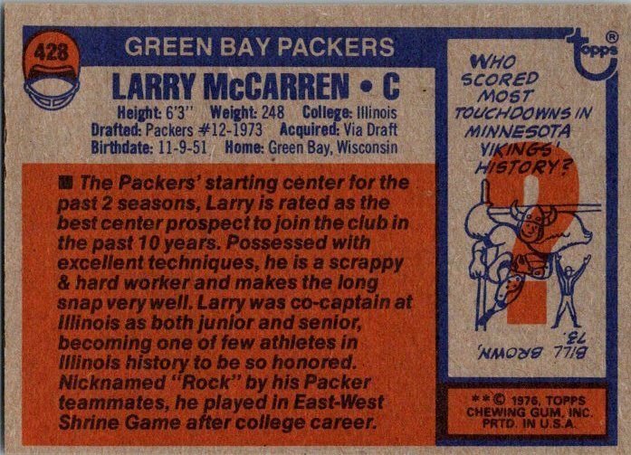 1976 Topps Football Card Larry McCarren Green Bay Packers sk4349