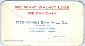 c1910s Des Moines Saw Mill Co Scribner's Log Table Doyles Rule IA Trade Card C43