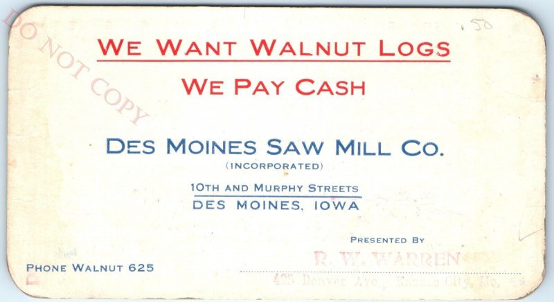 c1910s Des Moines Saw Mill Co Scribner's Log Table Doyles Rule IA Trade Card C43