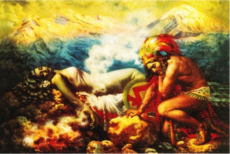 Mexico Legend of the Volcano 1950s Mexican Calendar Art Repro Postcard