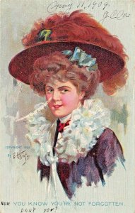 BEAUTIFUL WOMAN~YOU KNOW YOU'RE NOT FORGOTTEN~ARTIST EDWIN KIEFER~1909 POSTCARD