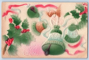 Christmas Postcard Angel Ringing Bells Holly Berries Airbrushed Embossed c1910's