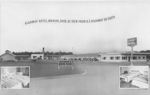 Marion Ohio 1940s RPPC Real Photo Postcard Highway Hotel Cars Rooms US30